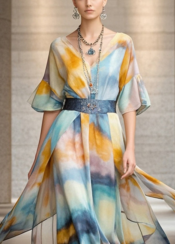 Khaki Cinched Tie Dye Chiffon Vacation Dresses Summer