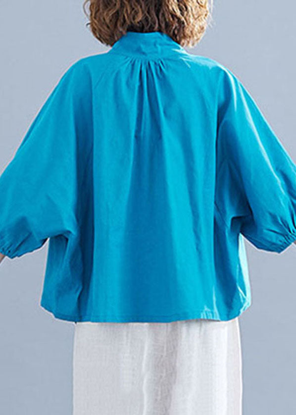Blue Color Cotton Loose Blouses Stand Collar Lantern Sleeve
