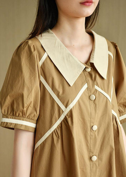 Khaki Loose Puff Sleeve a Line Summer Cotton Dress