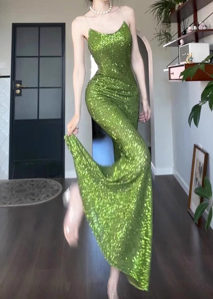 Slim Fit Green Sequins Spaghetti Strap Dress Sleeveless