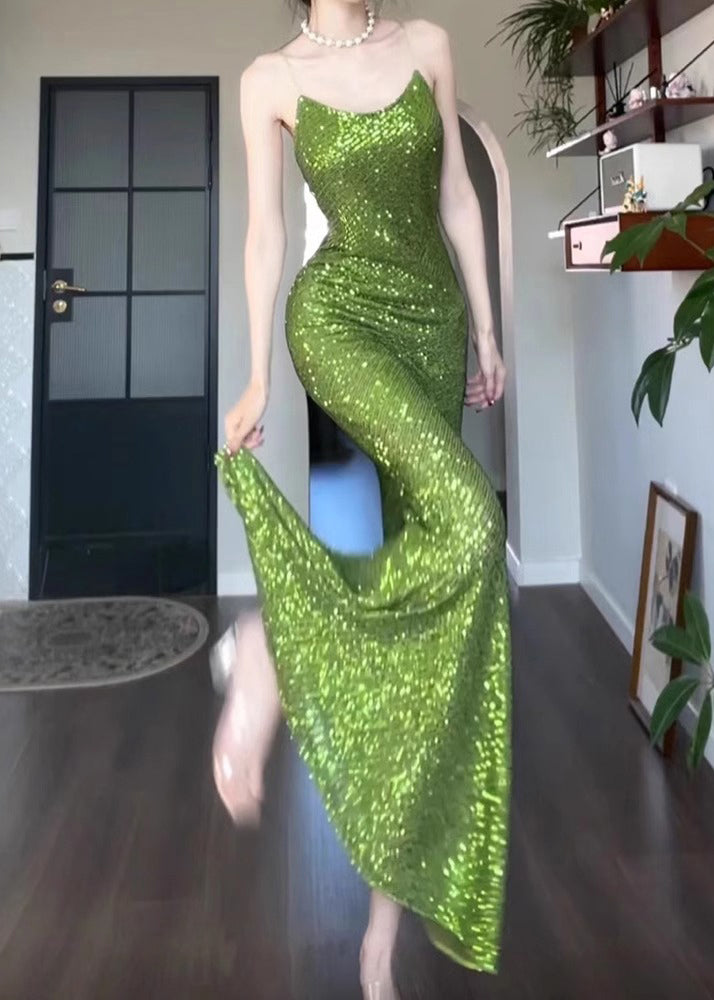 Slim Fit Green Sequins Spaghetti Strap Dress Sleeveless