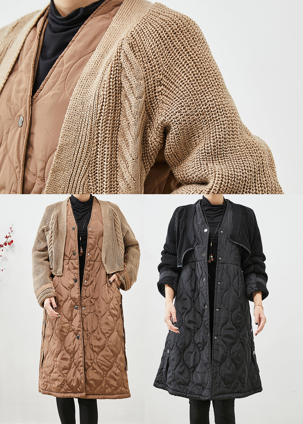 Black V Neck Knit Patchwork Fine Cotton Filled Witner Coats