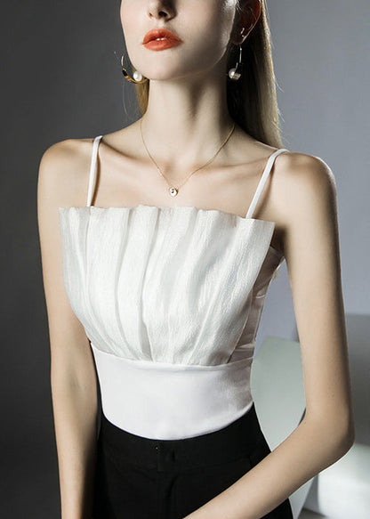 Slim Fit White Patchwork Cotton Spaghetti Strap Tank Sleeveless