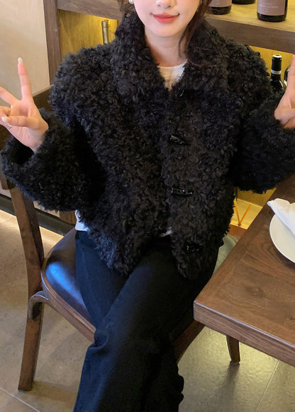 Coffee Peter Pan Collar Pockets Faux Fur Jacket Spring