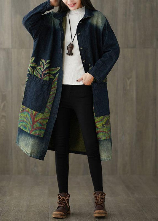 Boutique Navy Peter Pan Collar Pockets Button Print Fall Denim Long Sleeve Trench Coat