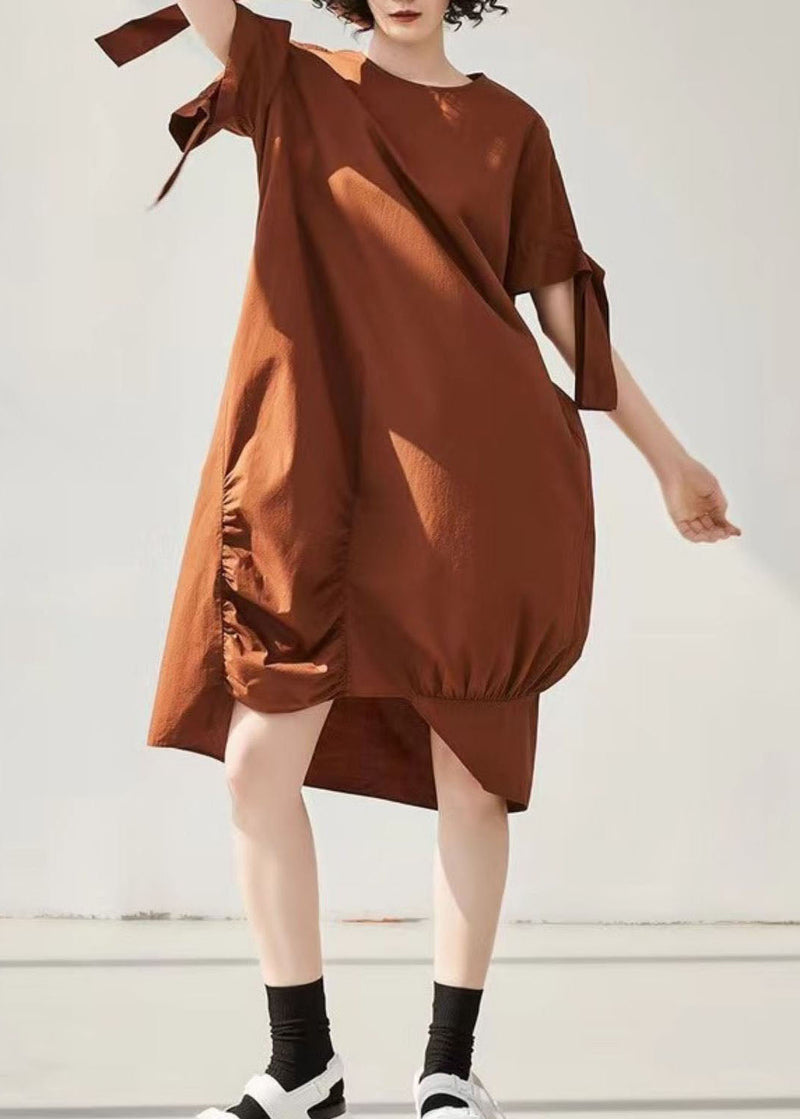 Caramel Asymmetrical Wrinkled Cotton Holiday Dress Short Sleeve
