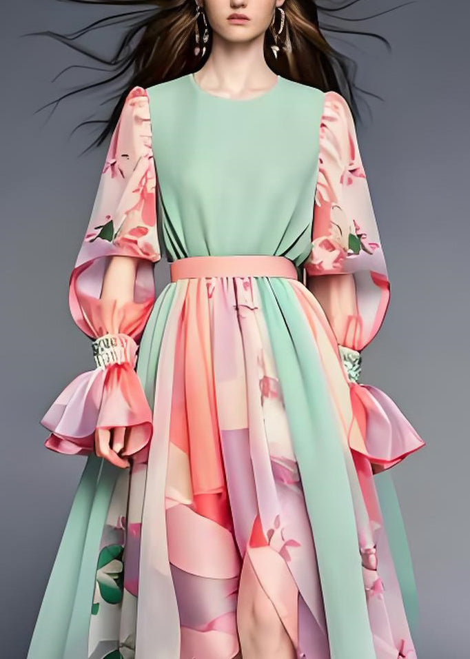 Colorblock Ruffled Print Patchwork Chiffon Dresses Long Sleeve
