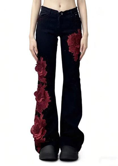 Black Patchwork Rose Decorated Denim Flared Trousers Spring