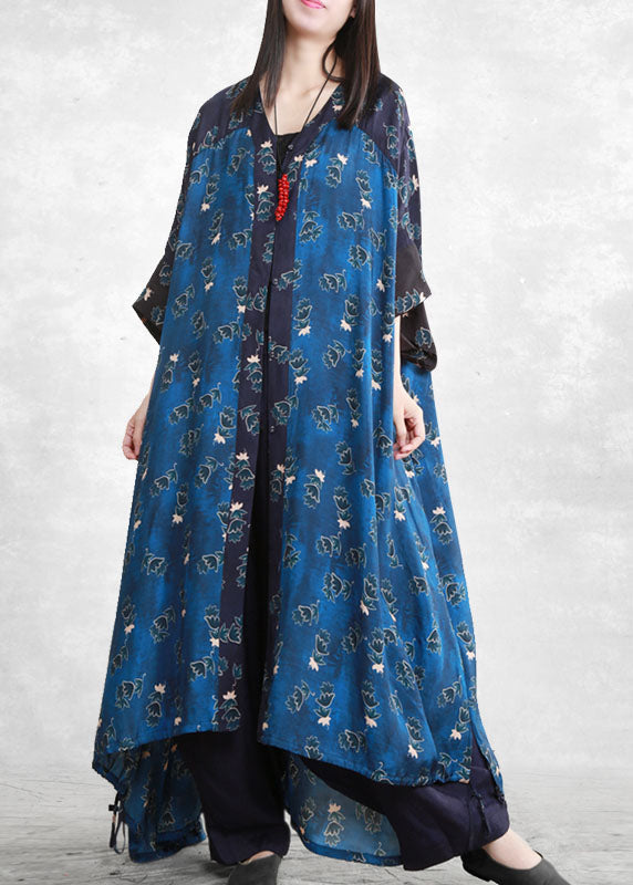 Blue Low High Design Pockets Patchwork Long Shirt and Pants Two Pieces Set Spring