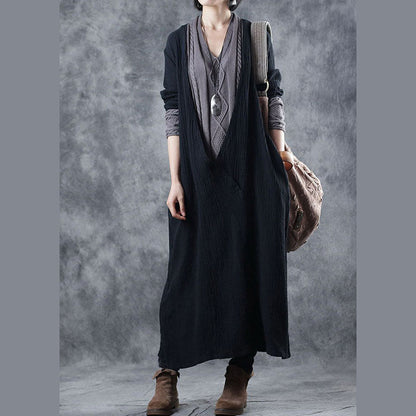 Black Grey V Neck Pockets Patchwork Fall Knit Long Sleeve Dress