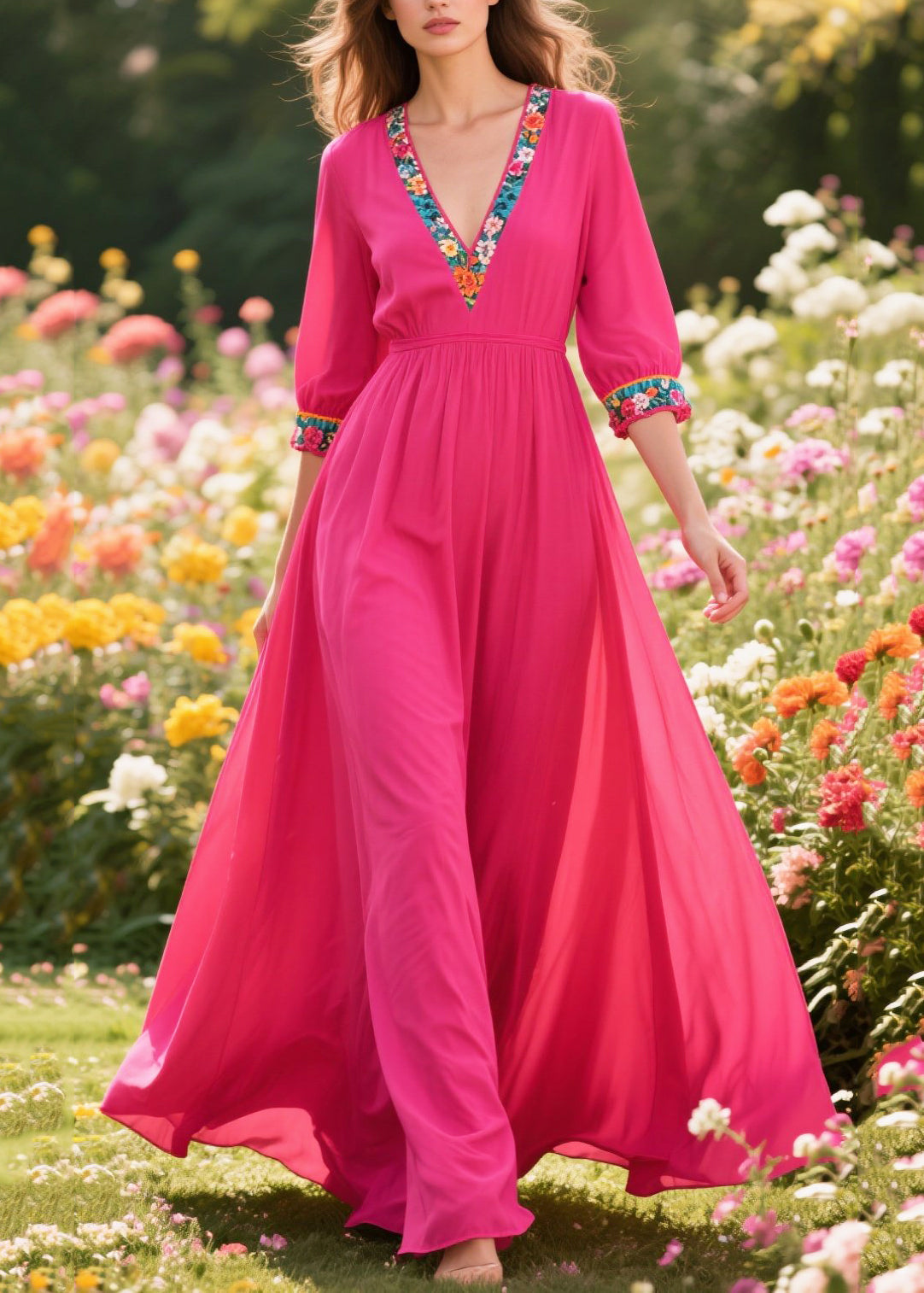Rose V Neck Patchwork Exra Large Hem Cotton Long Dress Summer