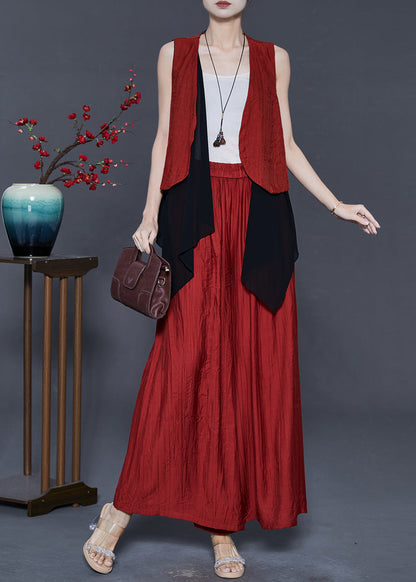 Red Patchwork Linen Two Piece Set Clothing Summer