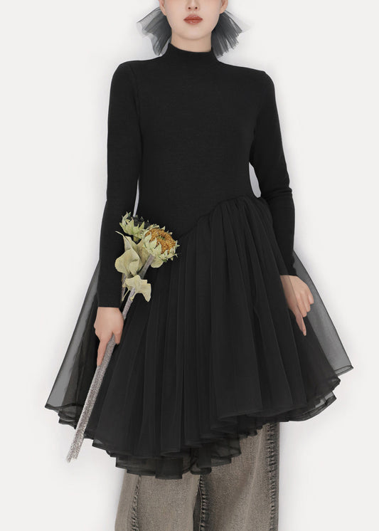 Black Tulle Patchwork Winter Mini Dresses Turtleneck