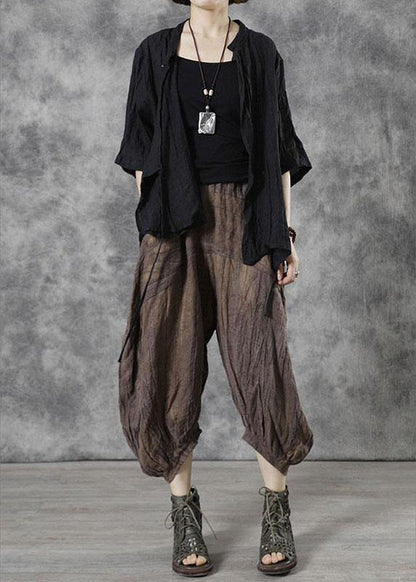 Style Black Button Stand Collar Asymmetrical Design Fall Half Sleeve Blouse Top