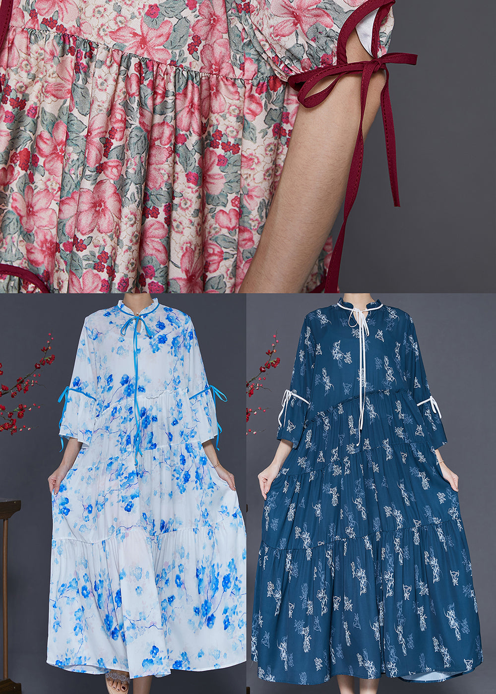 Navy Print Exra Large Hem Cotton Dresses Spring