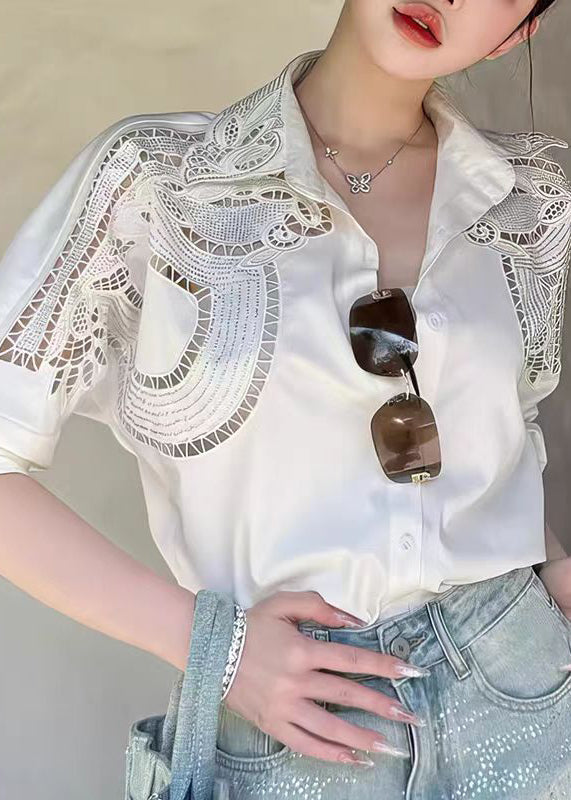 White Peter Pan Collar Hollow Out Cotton Blouses Fall