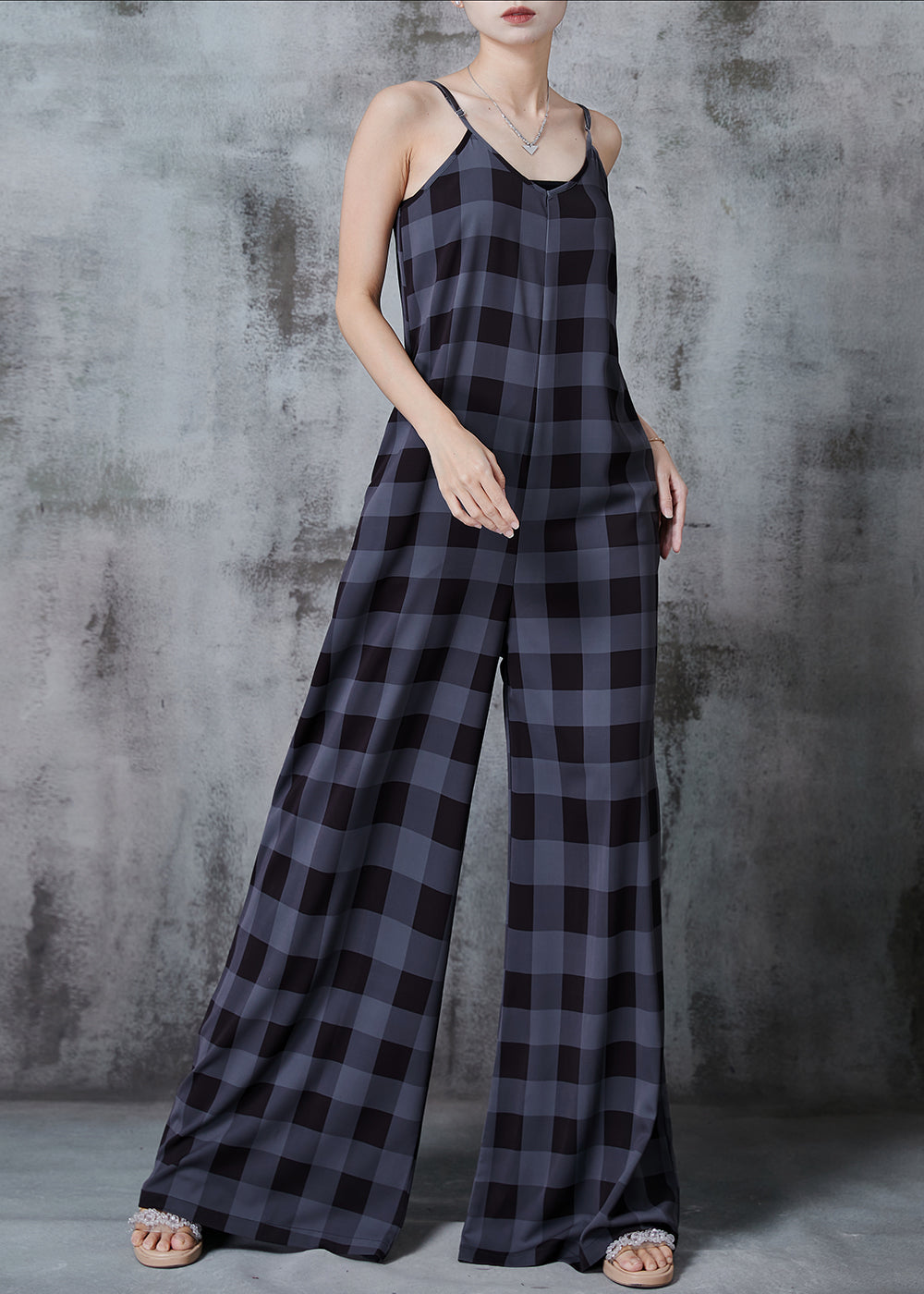 Dull Grey Oversized Plaid Chiffon Jumpsuits Summer