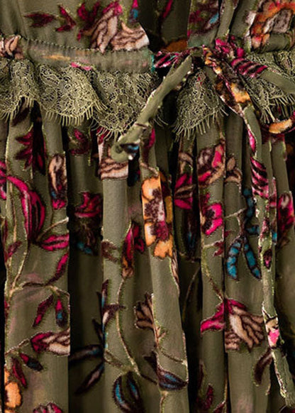 Green Ruffled Print Velour Dresses Spring