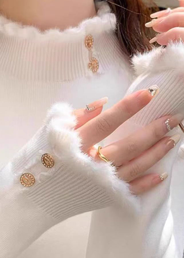 Organic White Turtleneck Ruffled Patchwork Cotton Knit Sweater Spring