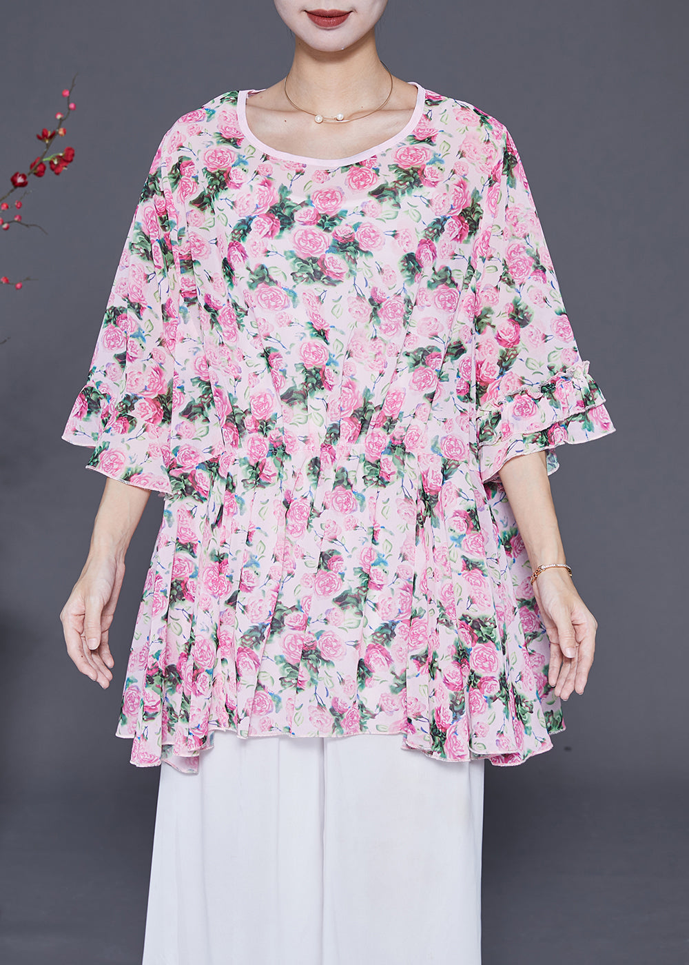 Pink Oversized Print Chiffon Tops Flare Sleeve