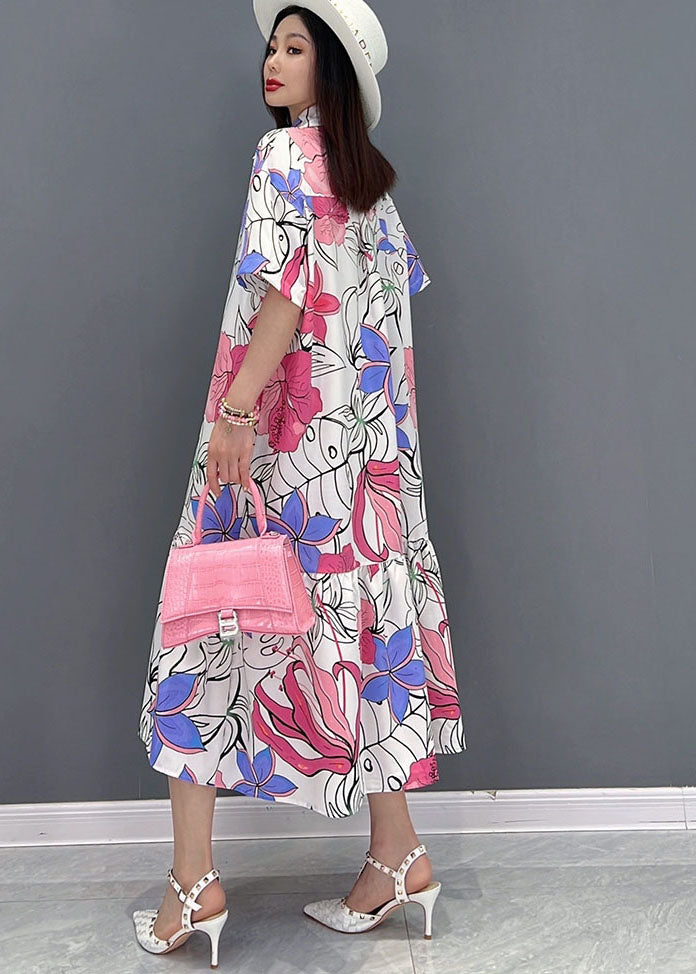 Red Print Peter Pan Collar Vacation Dresses Short Sleeve