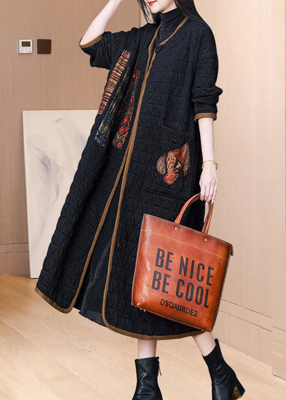 Black O Neck Pockets Patchwork Fine Cotton Filled Coat Winter