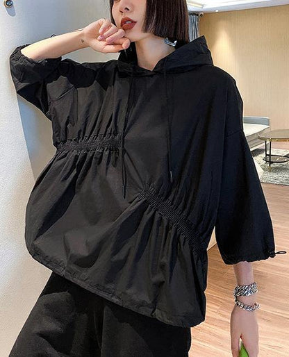 Unique Black Hooded Cinched Half Sleeve Top