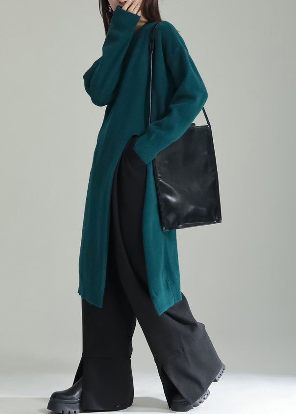 Green Patchwork Knit Dresses O Neck Side Open Winter