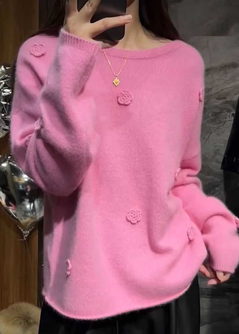 Pink Thick Cotton Knit Sweaters Long Sleeve Winter