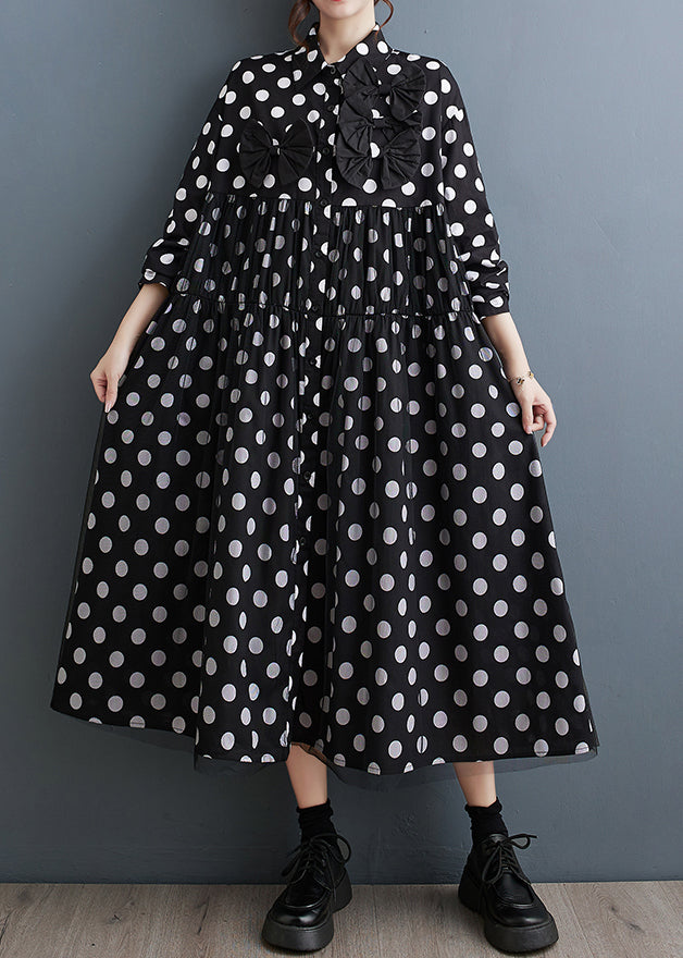 French Black Peter Pan Collar Dot Bow Patchwork Cotton Dresses Fall