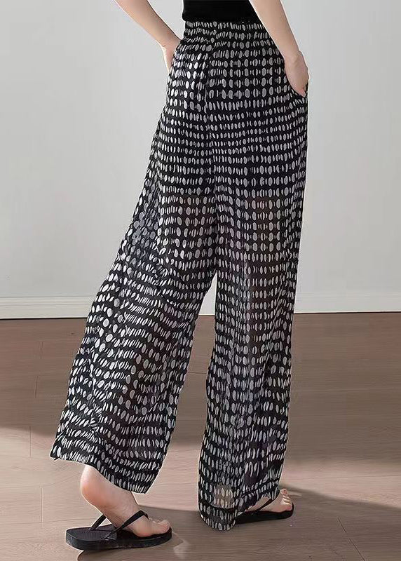 Black Pockets Print Elastic Waist Chiffon Pants Summer