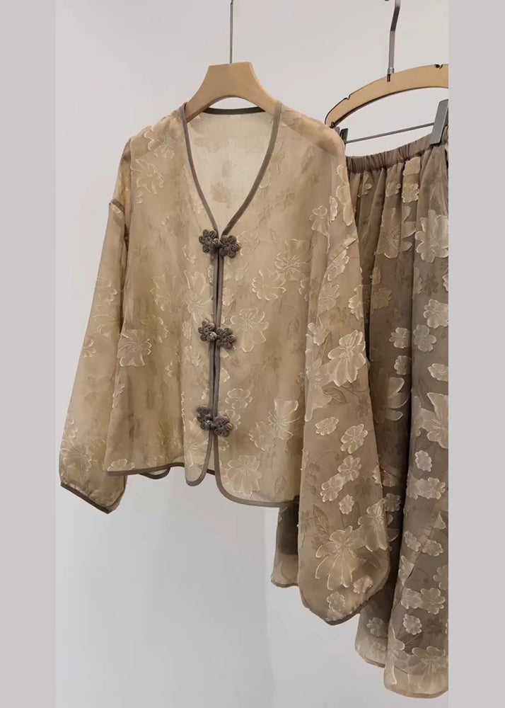 Khaki V Neck Print Chinese Button Silk Sets 2 Pieces Fall