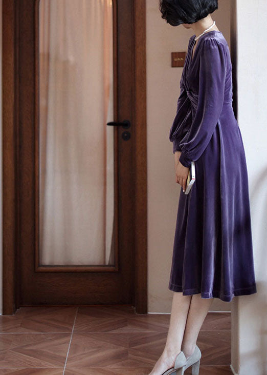Purple V Neck Slim Fit Silk Velour Dresses Long Sleeve