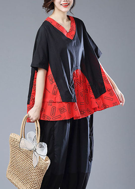 Red Asymmetrical Print Patchwork Cotton T Shirt Top Summer