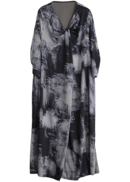 V Neck Asymmetric Quilting Clothes Design Gray Print Maxi Dress