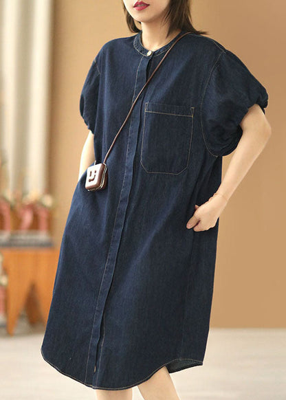 Denim Blue O-neck Pocket Color Cotton Holiday Dress Puff Sleeve
