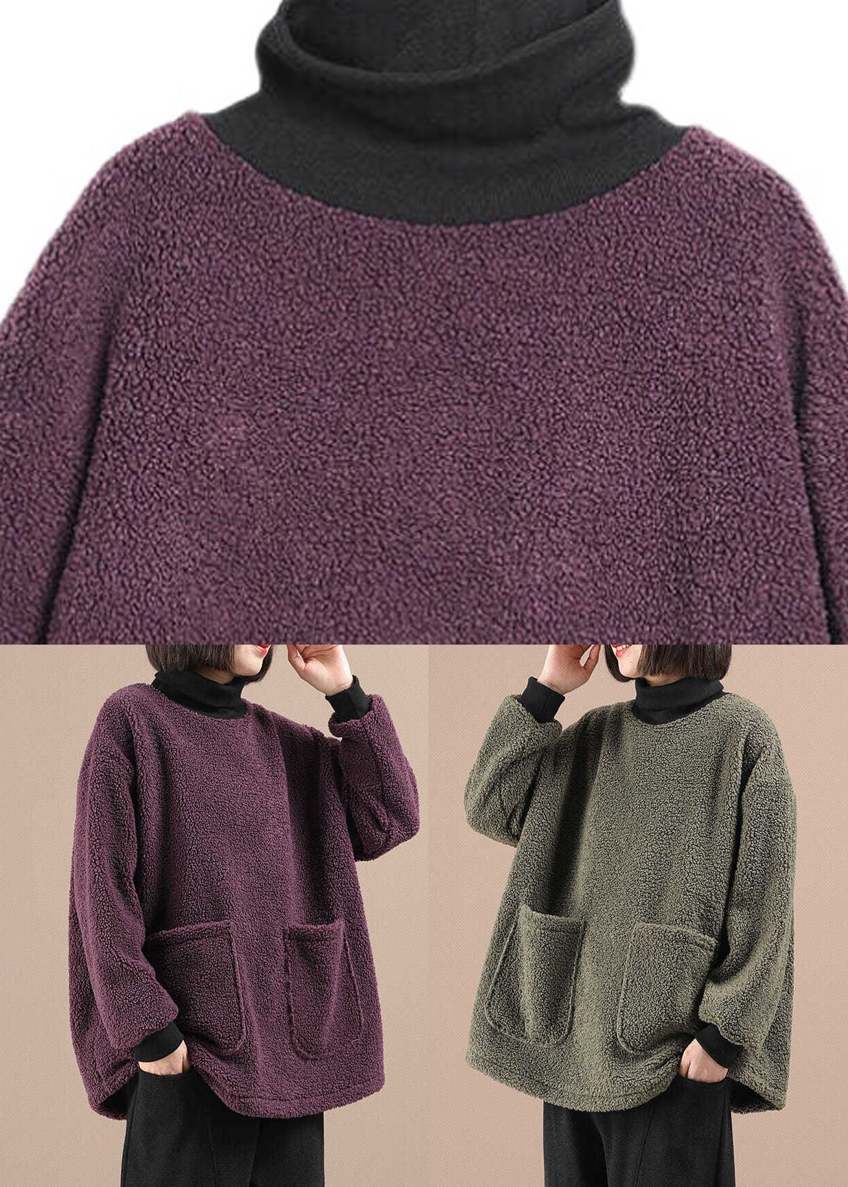Purple Pockets Patchwork Faux Fur Fleece Sweatshirt Long Sleeve