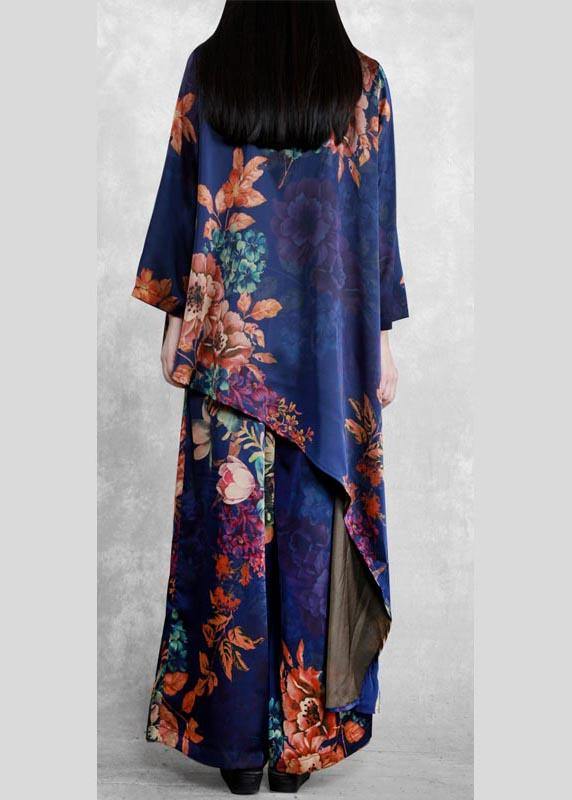 Original Literature and Art Blue Printing Large Mulberry Silk Suit Irregular Medium Long Silk Two Piece Set