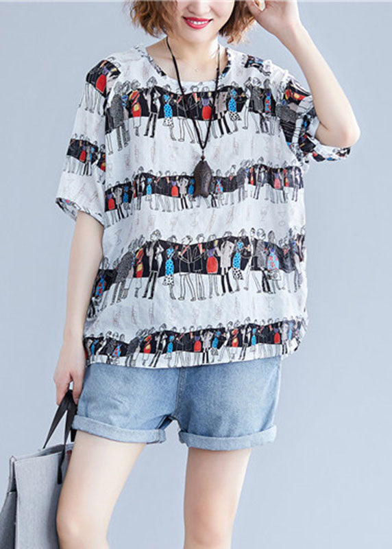 White O-neck Character Print Cotton Tops Summer
