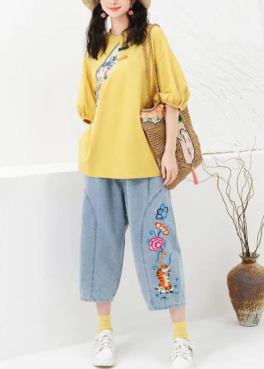 Yellow Cotton T Shirt Top Asymmetrical Embroideried Summer