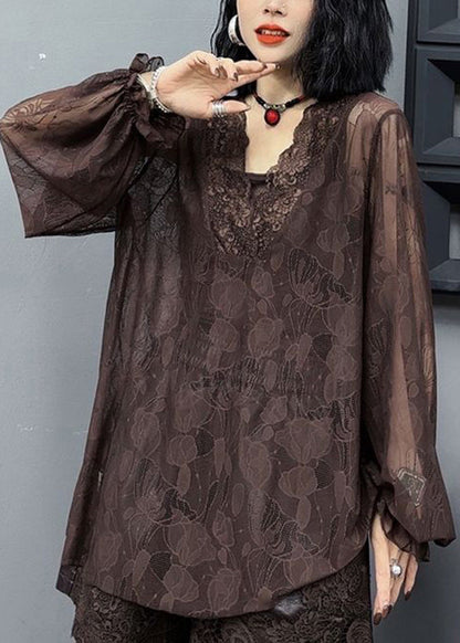 Loose and Versatile Slim V Neck Long Sleeved Coffee Lace Top