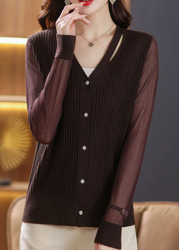Coffee V Neck Patchwork Ice Size Knit Cardigan Fall