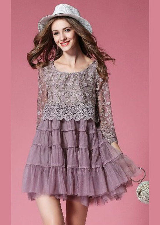Purple Tulle Dress Hollow Out Embroideried Patchwork Spring
