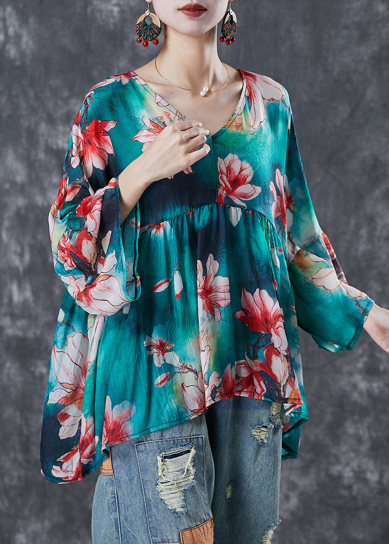 Modern Green Oversized Print Cotton Tops Fall