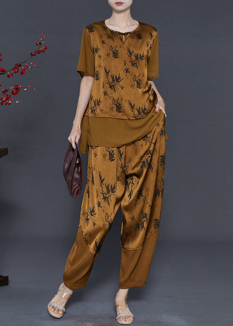 Yellow Print Patchwork Silk Two Pieces Set Summer