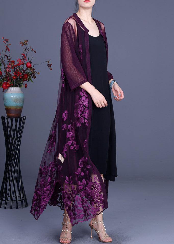 Purple Tulle Embroideried Cardigans Two Piece Set Clothing