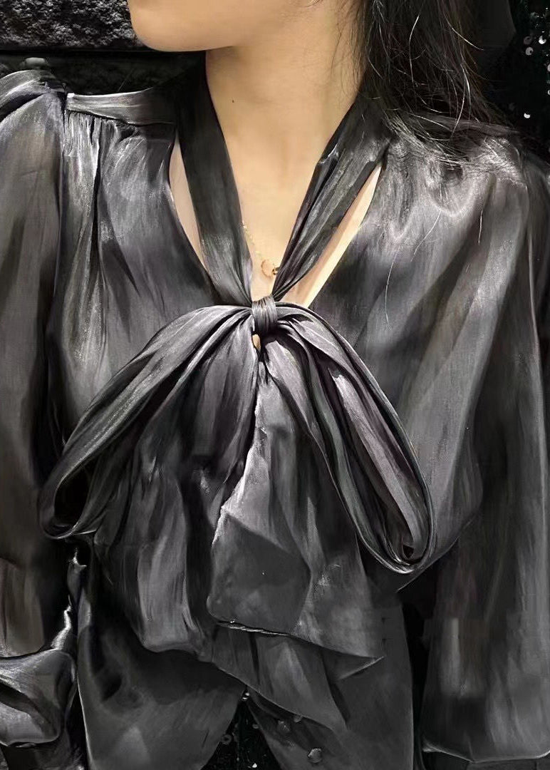 Black Button Silk Shirt Bow Long Sleeve