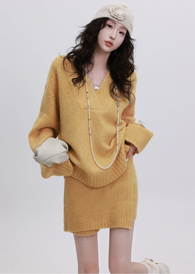 Yellow Cozy Knit Two Piece Set Clothing Asymmetrical Design Winter