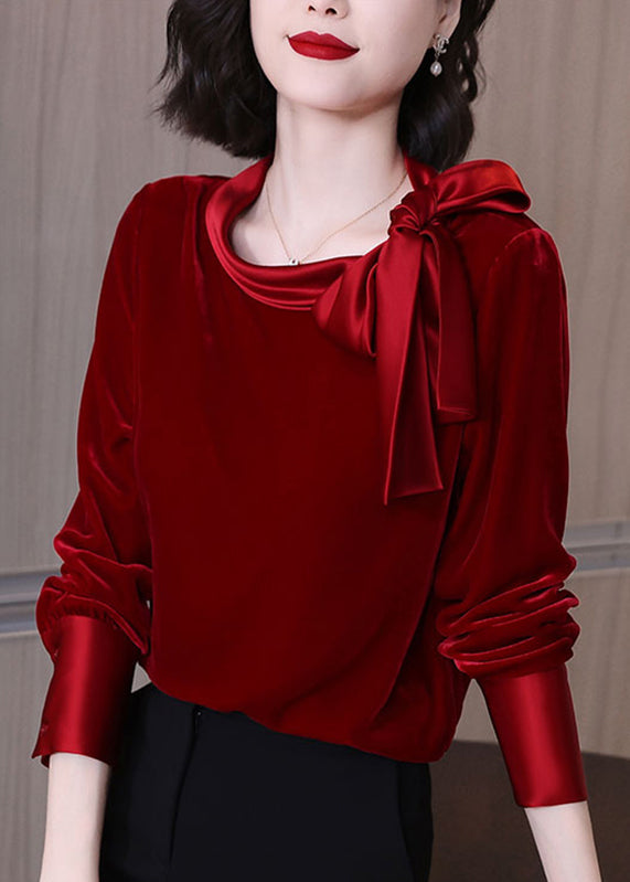 Art Red O-neck Velour Tops Long Sleeve
