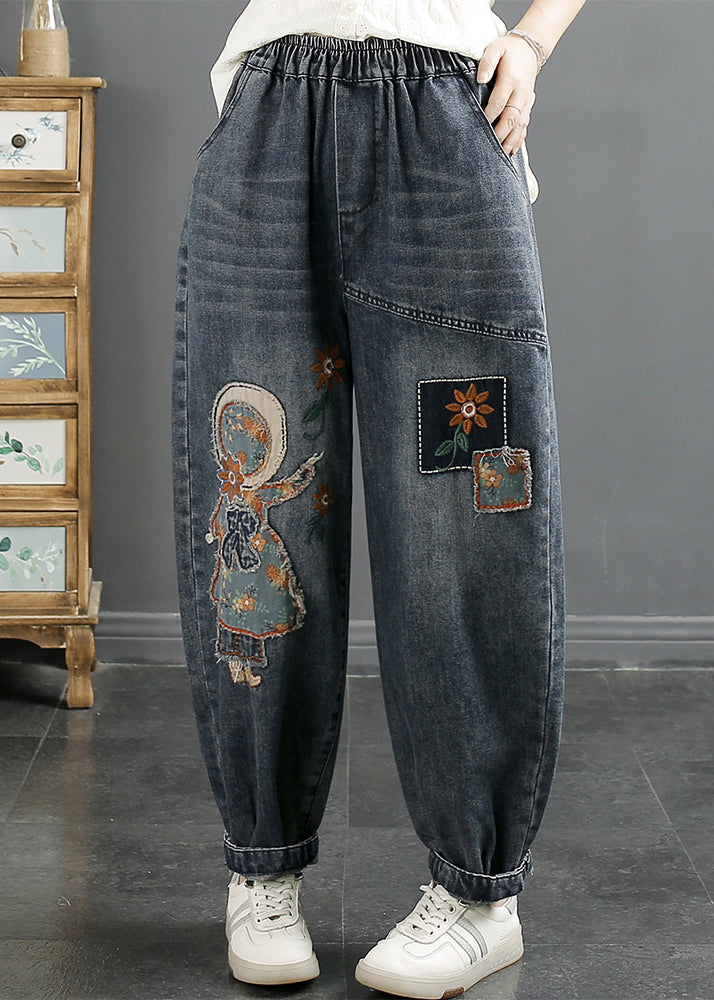 Navy Embroideried Applique Denim Harem Pants Winter